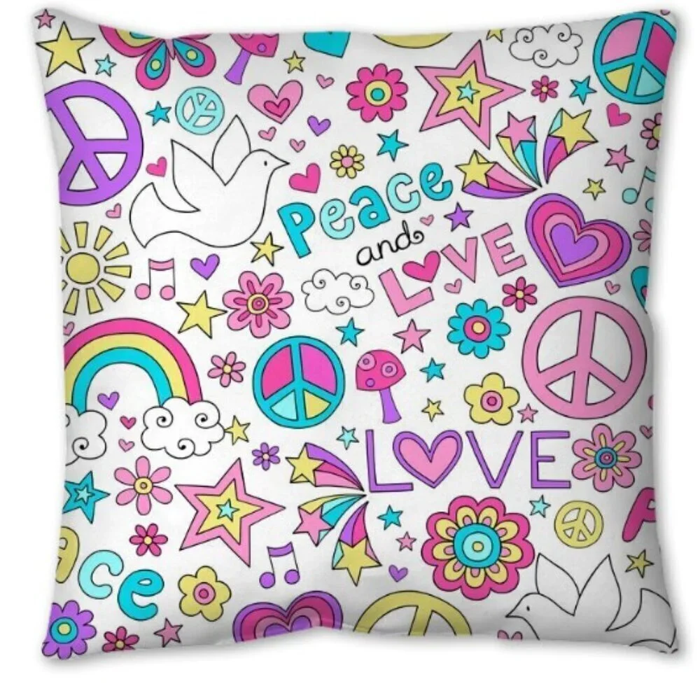 LOVE PEACE NOTEBOOK DOODLES DECORATIVE SQUARE ACCENT PILLOW CASE